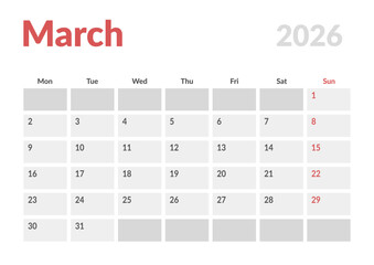 Monthly page Calendar Planner Template design of March 2026. Vector layout of calendar with week start Monday for Scheduling. Page for size A4 or 21x29.7 cm