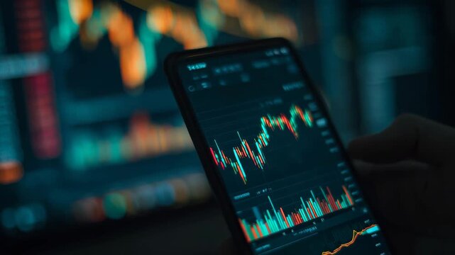 Closeup smartphone screen with crypto and stock market candlestick chart trading app financial analytics digital investment interface modern finance concept bitcoin - Powered by Adobe