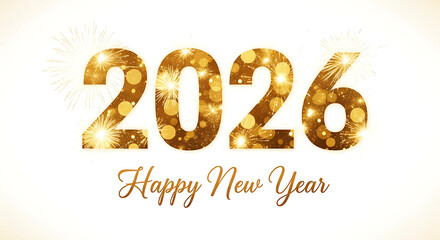 Sparkling golden 2026 Happy New Year celebration with glittering numbers and festive fireworks, an elegant graphic design for holiday greetings and seasonal well wishes