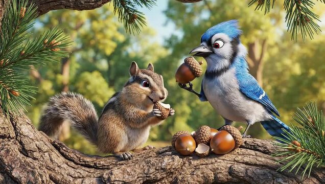 Animated Chipmunk and Blue Jay with Acorns on a Tree Branch in a Sunny Woodland Scene