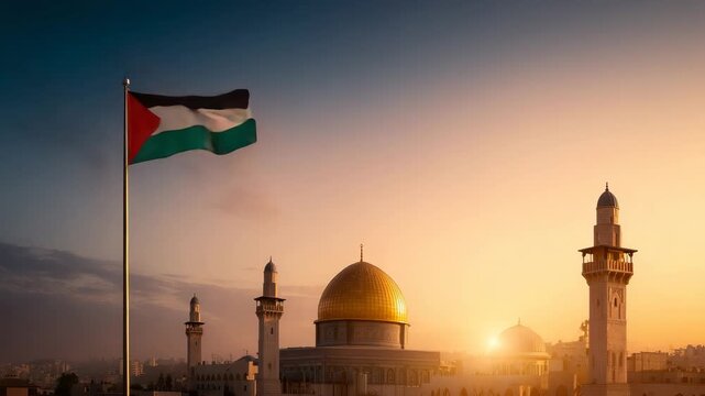 Cinematic sunset view of Palestinian flag and historic religious architecture highlights cultural memory faith symbolism and enduring historical presence