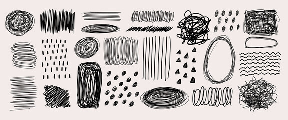 Set of graffiti girly style collage elements. Hand drawn charcoal doodle collection. Pencil drawn shapes of scribbles, squiggles, chaotic figures, lines on beige backdrop.