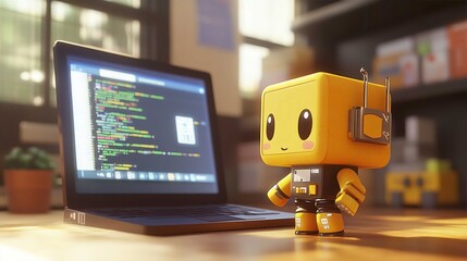 Cute Robot Toy Programming in Modern Workspace: Interactive Learning Through Playful Digital Art