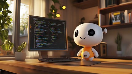 Cute Robot Coding Companion in a Cheerful Home Office for Creative and Productive Programming