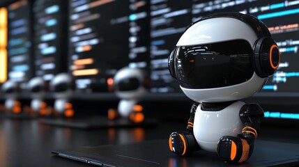 Futuristic Robot and AI Technology on Computer Screen: 3D Cybernetic Design with Programming Code and Modern Tech Gadgets in a High-Tech Workspace