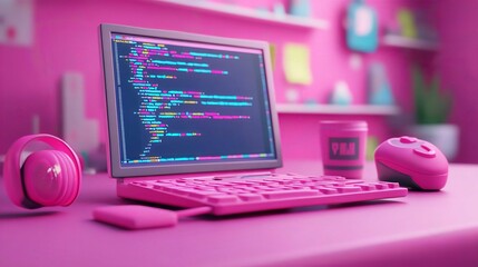 Creative Pink Workspace With Colorful Computer for Coding in Modern Tech Setup