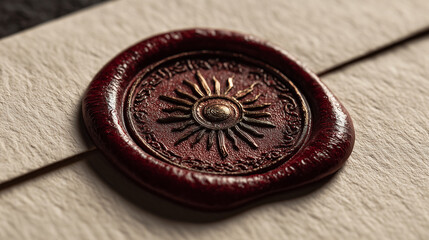 eep Burgundy Wax Seal with Sunburst on Textured Parchment