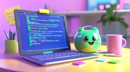 Creative Workspace Design: 3D Rendering of a Bright and Playful Office Setup with Laptop, Coding Keyboard, and Cute Character Elements
