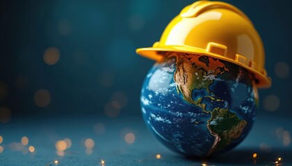 Globe wearing yellow hard hat on blue background. Planet Earth with protective helmet. Safety, health concept. Workplace protection, security. Global awareness for occupational hazard prevention.