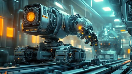 Futuristic Robotic Arm and Industrial Machinery in High-Tech Manufacturing Environment with Advanced Automation and AI Integration