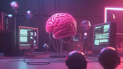 Neon Brain with Virtual Reality: A 3D Rendering of Artificial Intelligence in a Cyberpunk Sci-Fi Environment