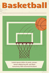 Basketball retro poster, text field, basketball hoop, basketball ball, competition, team game