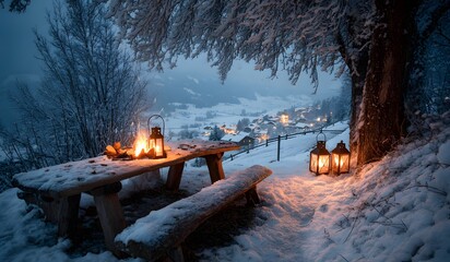Winter wonderland picnic scene with lanterns and snow covered table scenic landscape photography