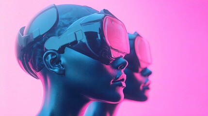 Futuristic Mannequin Duo in Neon Cyberpunk Aesthetics: Virtual Reality Headgear and High-Tech Fashion Display