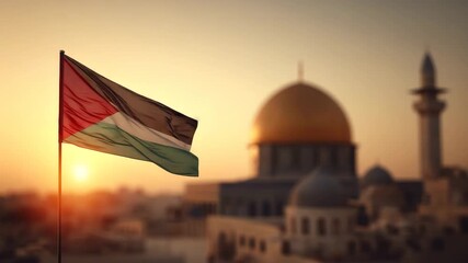 Palestinian flag waving in the wind at sunset with Middle Eastern architecture and golden dome silhouette in background symbol of culture heritage and regional identity