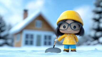 Playful Winter Scene with Animated Girl Cartoon Character Shoveling Snow in Cozy Snow-Covered Landscape