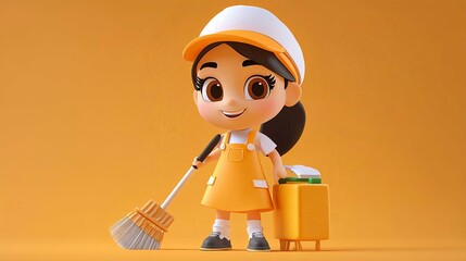 Cheerful Cartoon Character Cleaning with Mop and Bucket in Playful 3D Animation Illustration