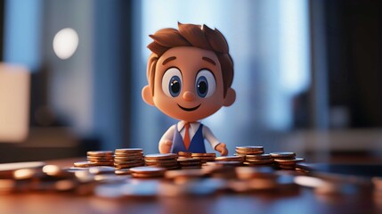 Animated Cartoon Boy with Happy Expression Learning Money Management in a Colorful and Playful Illustration for Children's Financial Education