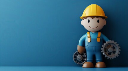 Construction Worker Cartoon Character Toy: Vibrant Children's Education Playful Learning with Gears and Hard Hat on Blue Background