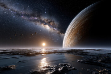 Giant planet rises over a rocky landscape under a sparkling galaxy at dawn