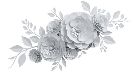 Delicate white paper flowers arranged in a beautiful floral bouquet on a white background