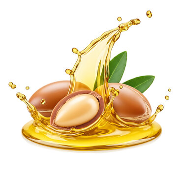 Argan nuts with golden oil splash and green leaves isolated on a transparent background argan oil liquid