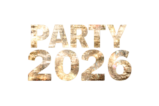 "PARTY 2026" text on a transparent background for designers, marketers and IT professionals. Popular business card, illustration, object, symbol, texture, pattern, holiday, business, vacation.