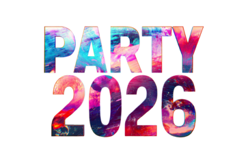 "PARTY 2026" text on a transparent background for designers, marketers and IT professionals. Popular business card, illustration, object, symbol, texture, pattern, holiday, business, vacation.