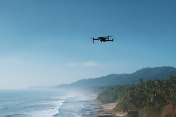 media drone captures live broadcasts from remote locations flying over tropical island