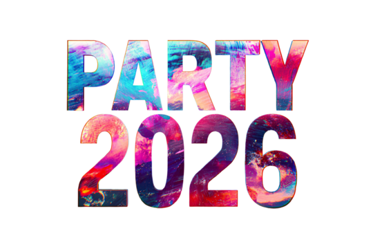 "PARTY 2026" text on a transparent background for designers, marketers and IT professionals. Popular business card, illustration, object, symbol, texture, pattern, holiday, business, vacation.