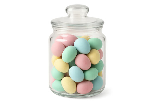 Glass candy jar filled with pastel easter eggs