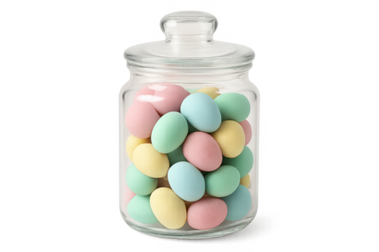 Glass candy jar filled with pastel easter eggs - Powered by Adobe