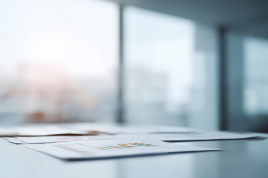 minimalist office setting featuring financial documents spread across sleek desk with ultrabright atmosphere