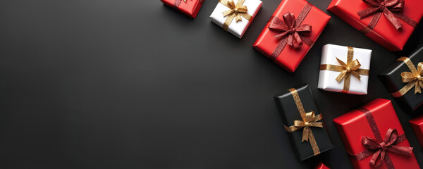 Elegant gift boxes in red, white, black with gold, red ribbons arranged on dark surface. Luxury presents ideal for corporate events, holidays, special business occasions. Thoughtful gestures signify