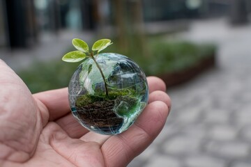 A hand gently cradles a miniature Earth globe. Inside, a tiny green seedling emerges from the soil, symbolizing growth and environmental awareness Generative AI
