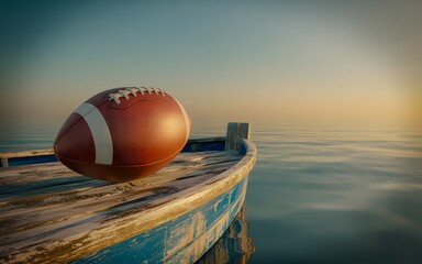 American football resting on the edge of an old wooden boat at sunset over the ocean