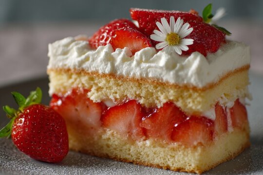 A rectangular slice of Strawberry Shortcake is presented, adorned with whipped cream and a small daisy. A whole strawberry rests beside the slice Generative AI - Powered by Adobe