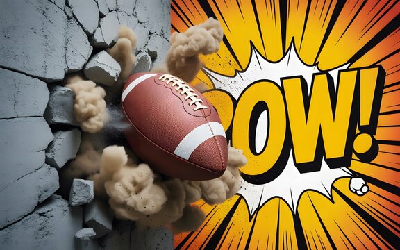 American football ball breaking through a concrete wall with a comic book effect
