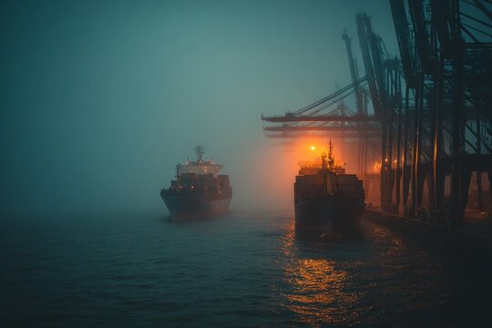 Two large cargo ships maneuver cautiously in the dense fog of a busy port at night. Lights glow and reflect in the water Generative AI
