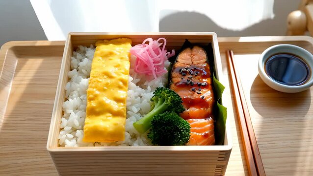 Delicious Japanese Bento Box with Salmon, Broccoli, and Egg Omelette