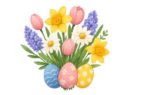Easter eggs with spring flower bouquet transparent background