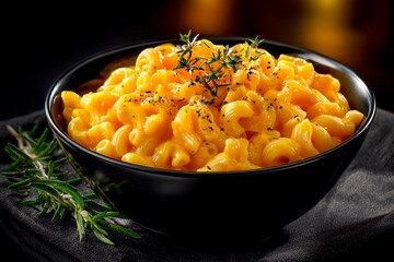 A serving of creamy macaroni and cheese is placed in a black bowl. Fresh herbs add flavor and color, set against a dark background. The dish looks warm and inviting