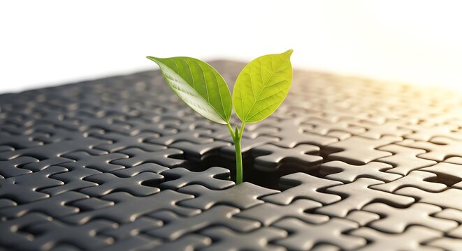 A small green sprout emerging from a dark jigsaw puzzle, symbolizing growth and new beginnings