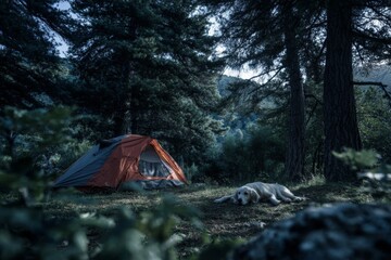 A golden retriever sleeps soundly on the forest floor Generative AI