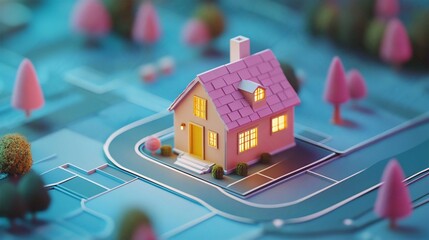 Whimsical 3D Model Animated House with Pink Roof in Colorful Residential Neighborhood Scene