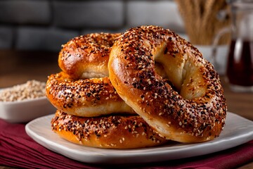 Soft bagels topped with a blend of seeds are warmly presented on a plate. The rustic setting enhances the fresh aroma and inviting atmosphere of the cafe