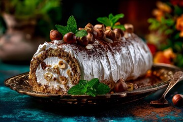 A beautifully plated hazelnut and cream roll cake sits on an ornate platter, garnished with mint leaves and nuts, creating an inviting dessert display perfect for gatherings