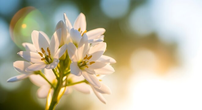 Closeup of delicate white wildflowers blooming in soft sunlight - Powered by Adobe