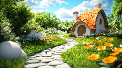 Whimsical Cottage Landscape Garden Pathway with Colorful Flora and Bright Skies in an Idyllic Rural Setting