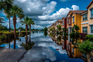 A residential neighborhood is submerged in water due to heavy rainfall. The houses reflect in the still water, while palm trees stand nearby under a dramatic sky filled with clouds
